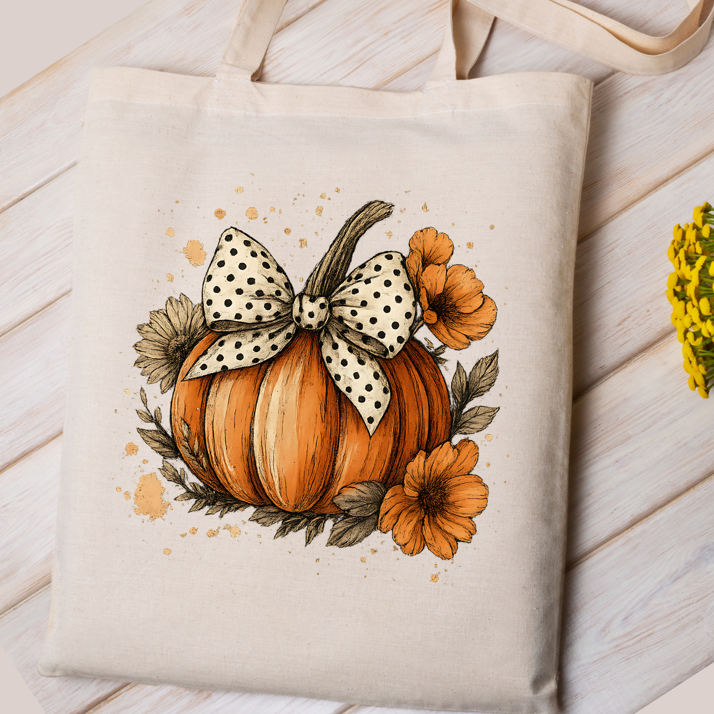 Tote bag with a pumpkin and bow design on a wooden surface