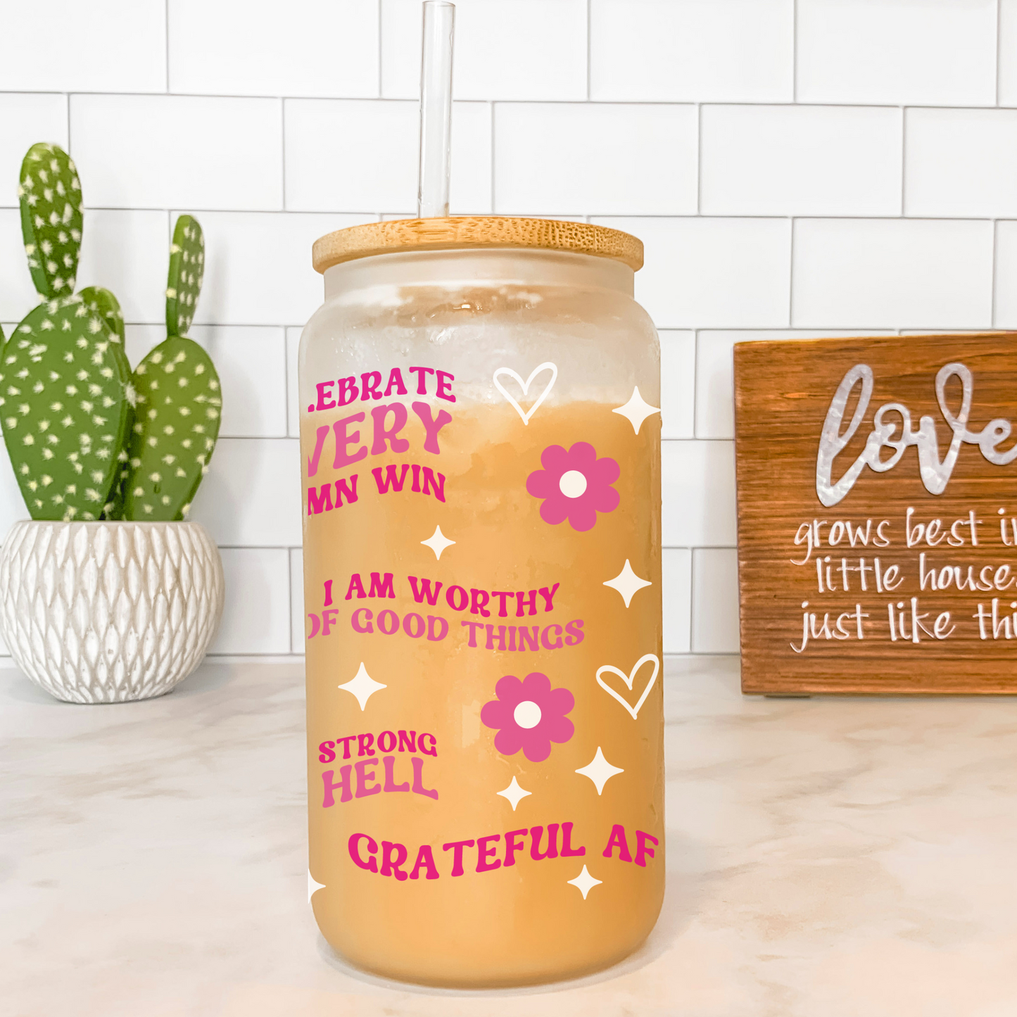 Self Love 16oz Glass Can - Motivational and Cute Drinkware