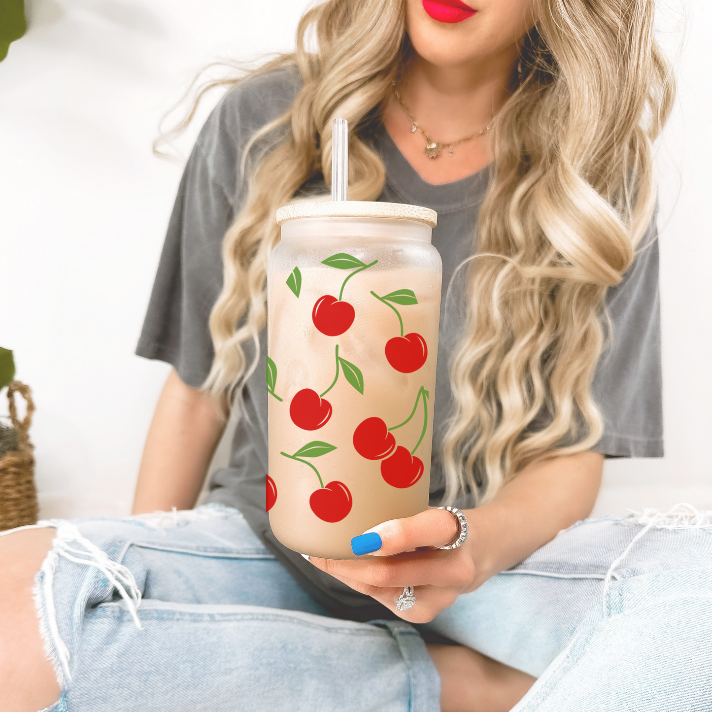 Cherry glass can 16 oz. glass can Cute drinkware Cherry design drinkware