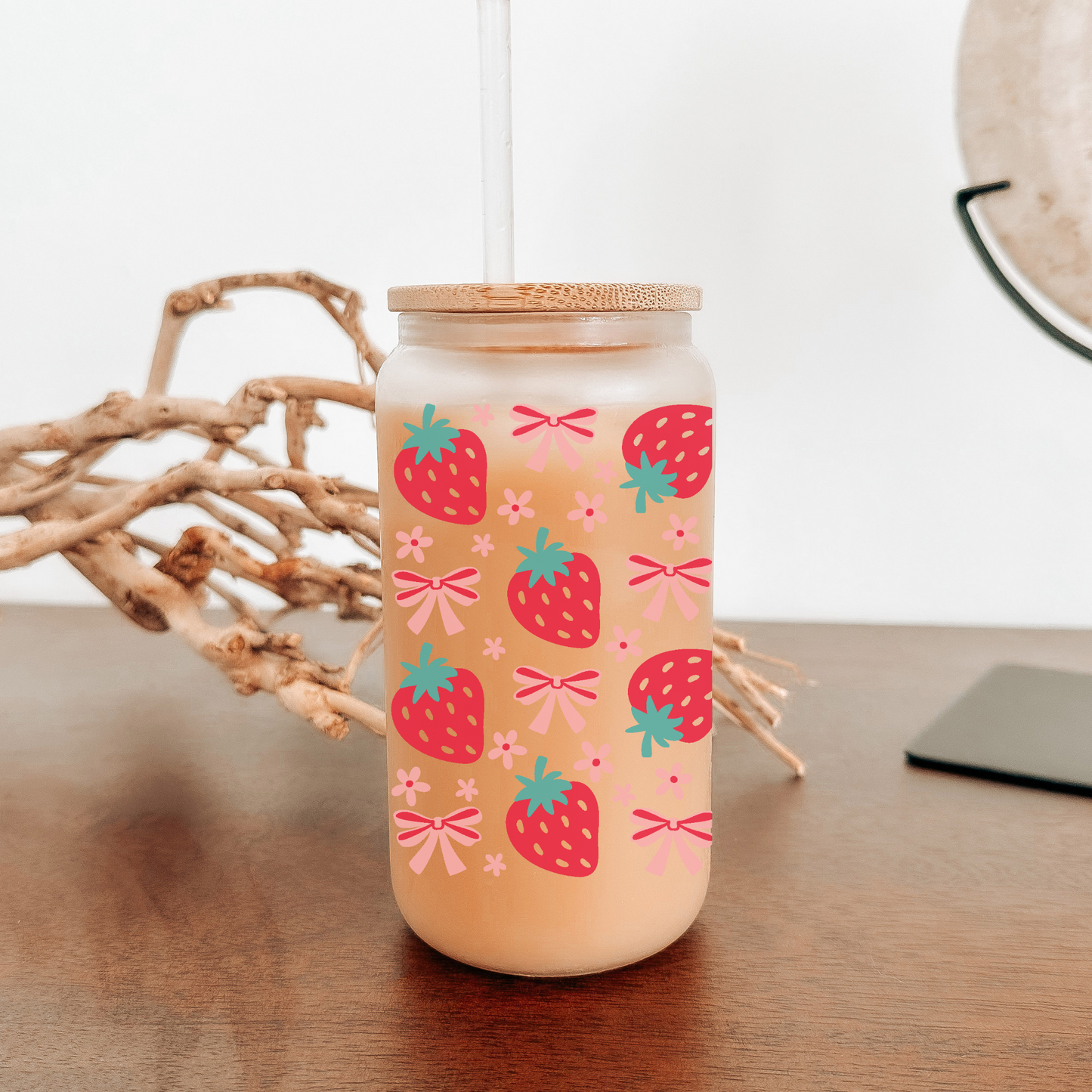 Coquette glass can with Strawberries design 16 oz. Capacity. Comes with Bamboo Lid and Straw.