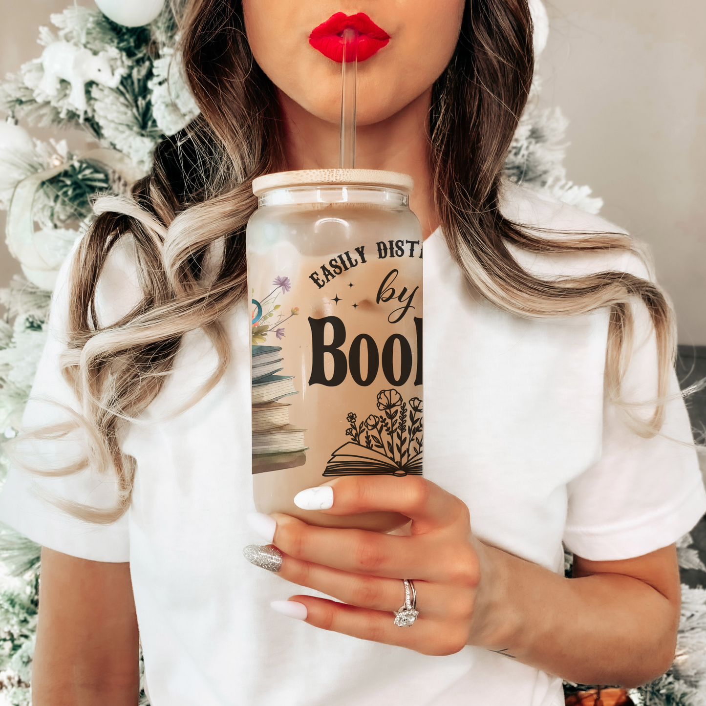 Book lover glass can 16 oz glass can Bamboo lid glass can Reusable straw drinkware