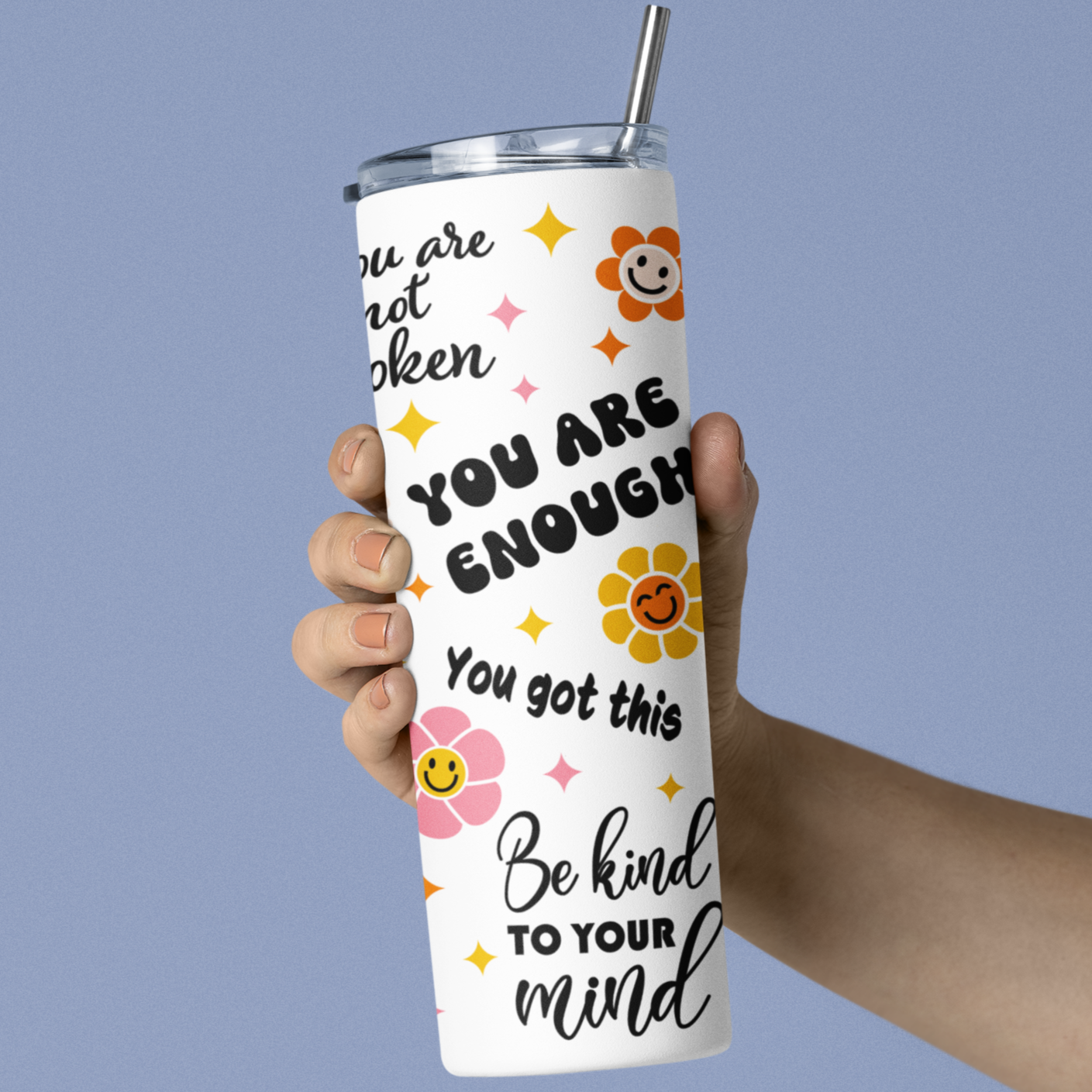 Inspirational Design: Features positive affirmations with retro flower patterns. Generous Capacity: Holds 20 oz. or 16 oz. of your favorite beverages. Durable Construction: Made from high-quality, long-lasting materials.