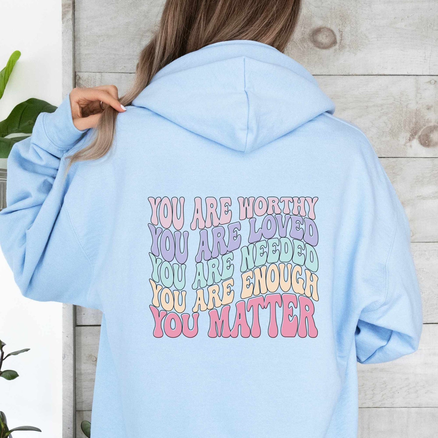 Inspirational Design: Uplifting affirmation quotes on the back. Premium Fabric: 50% cotton, 50% polyester for comfort and durability. Versatile Wear: Perfect for casual outings, workouts, and cozy nights.