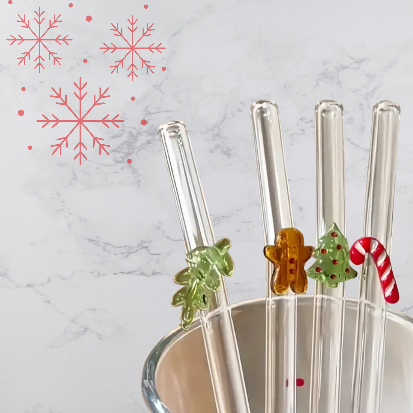 Elegant Reusable Glass Straw with Christmas Decoration.