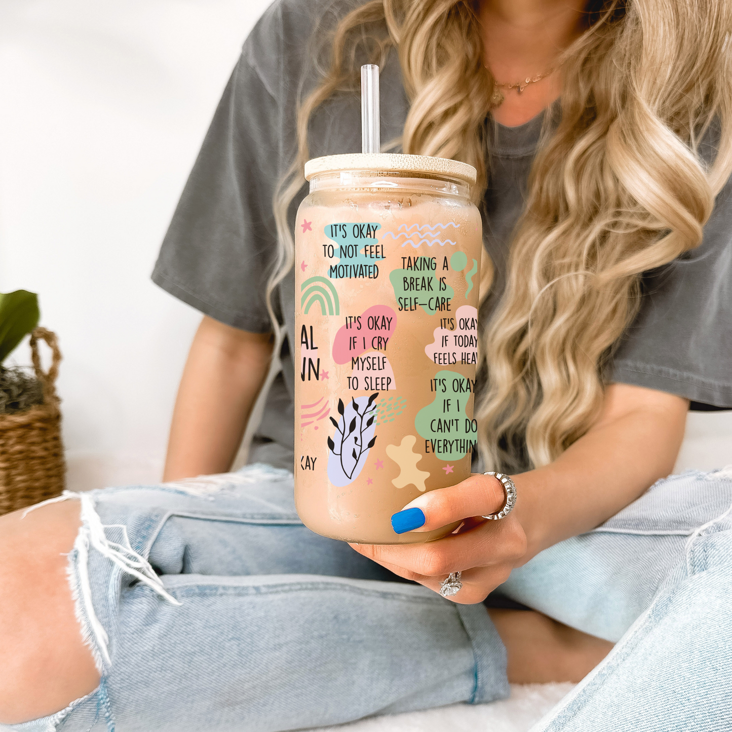Glass can 16 oz Mental health reminder drinkware Modern glass cup Self-care gift Humorous drinkware Comes with Bamboo Lid and Straw