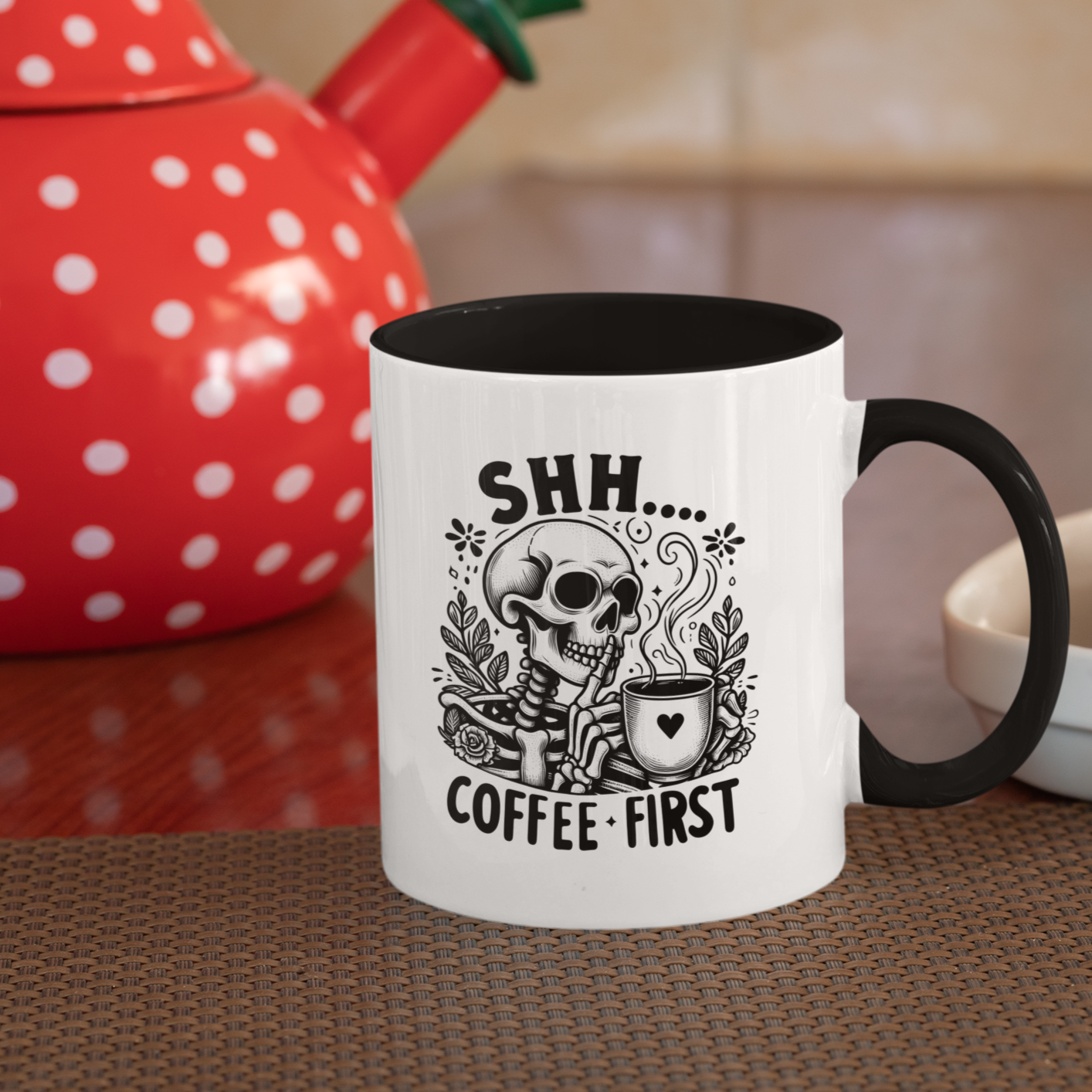 Unique design: Playful "Shh... Coffee First" print for coffee lovers. Holds 11oz, made of durable ceramic, microwave and dishwasher safe. Great gift for coffee enthusiasts.