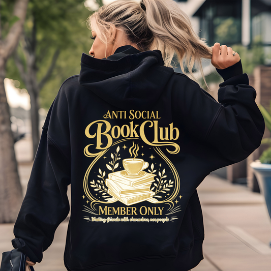 Person wearing a black hoodie with 'Anti Social Book Club' design on the back.