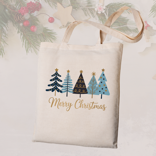 Tote bag with Christmas tree design and 'Merry Christmas' text on a light background