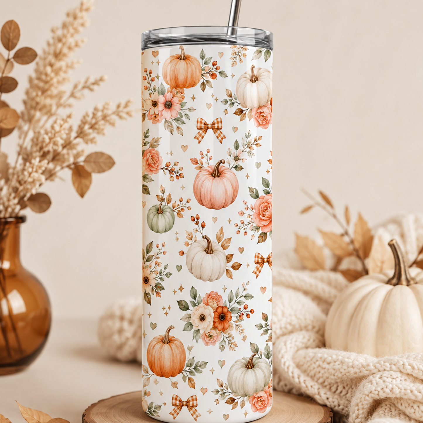 A tall insulated tumbler with a clear lid and metal straw, covered in a white autumn floral print featuring pumpkins, flowers, leaves, and plaid bows. The tumbler is styled on a wooden slice with dried leaves in a glass vase and cream pumpkins on a knitted blanket.