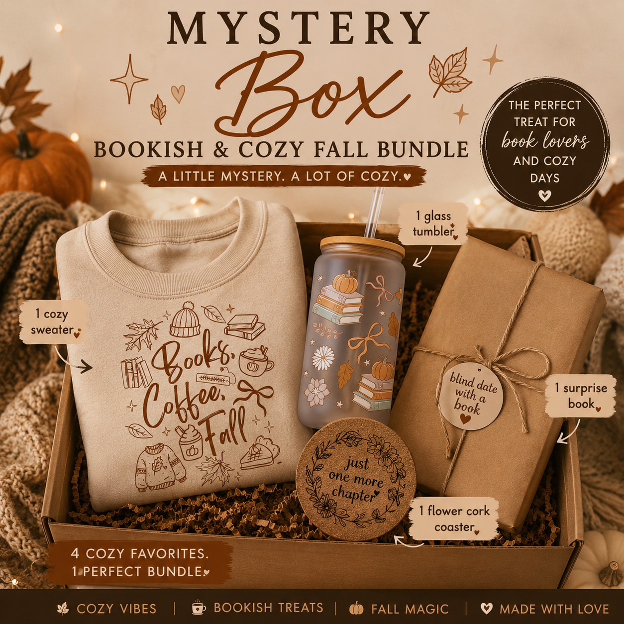 A cozy fall mystery box bundle displayed in a wooden box with autumn-themed items including a cream sweatshirt with a book/cozy graphic, a glass tumbler with fall illustrations, a wrapped book, a round cork coaster, and a round tag, all arranged on a warm beige background with decorative text overlays.