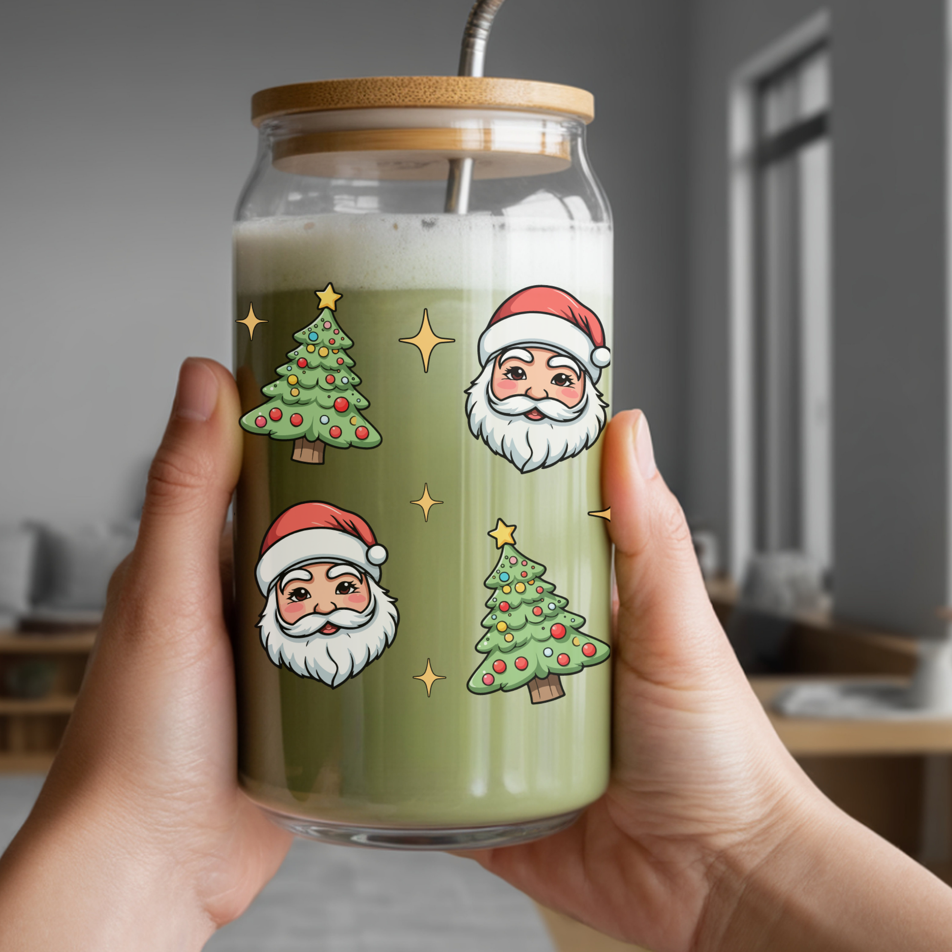 Glass jar with a wooden lid, filled with a green beverage and decorated with cartoon Santa Claus and Christmas trees.