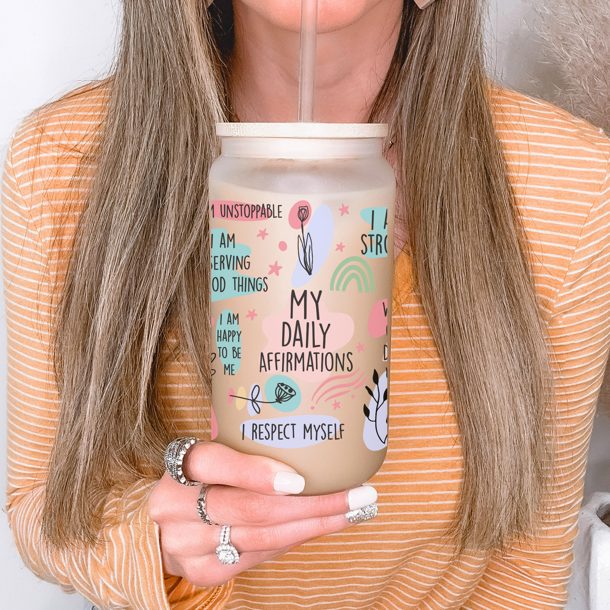 Inspirational drinkware Eco-friendly glass can Bamboo lid and straw