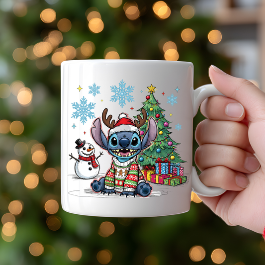 Mug with Christmas-themed design featuring a character, snowman, and tree against a blurred festive background.