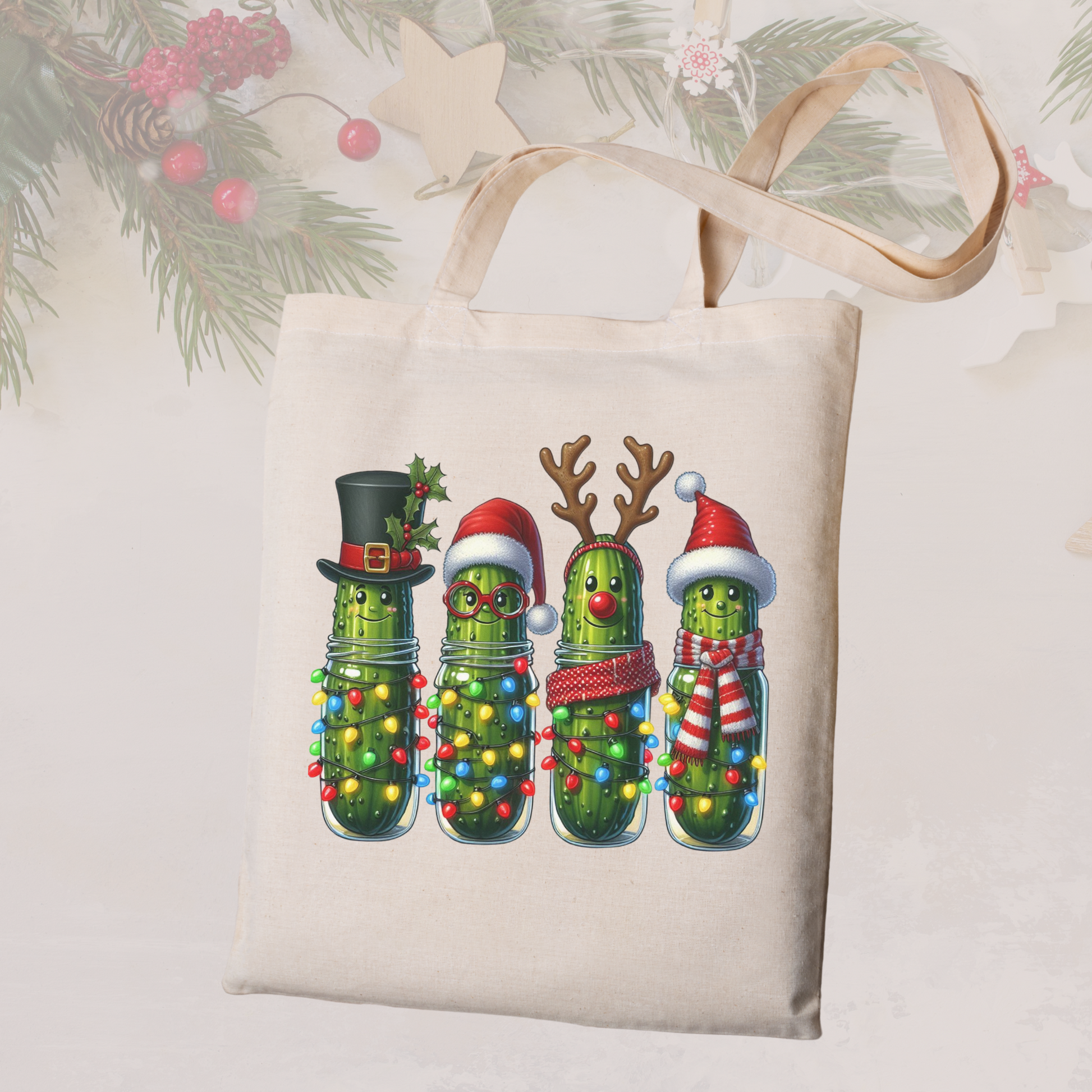 Tote bag with Christmas pickle design featuring lights and festive decorations on a light background.