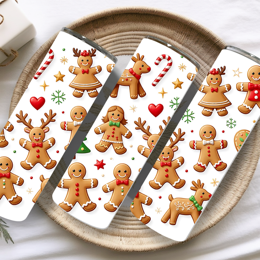 Phone case with gingerbread men and reindeer design on a woven surface