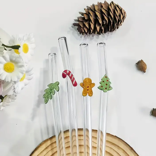 Elegant Reusable Glass Straw with Christmas Decoration.
