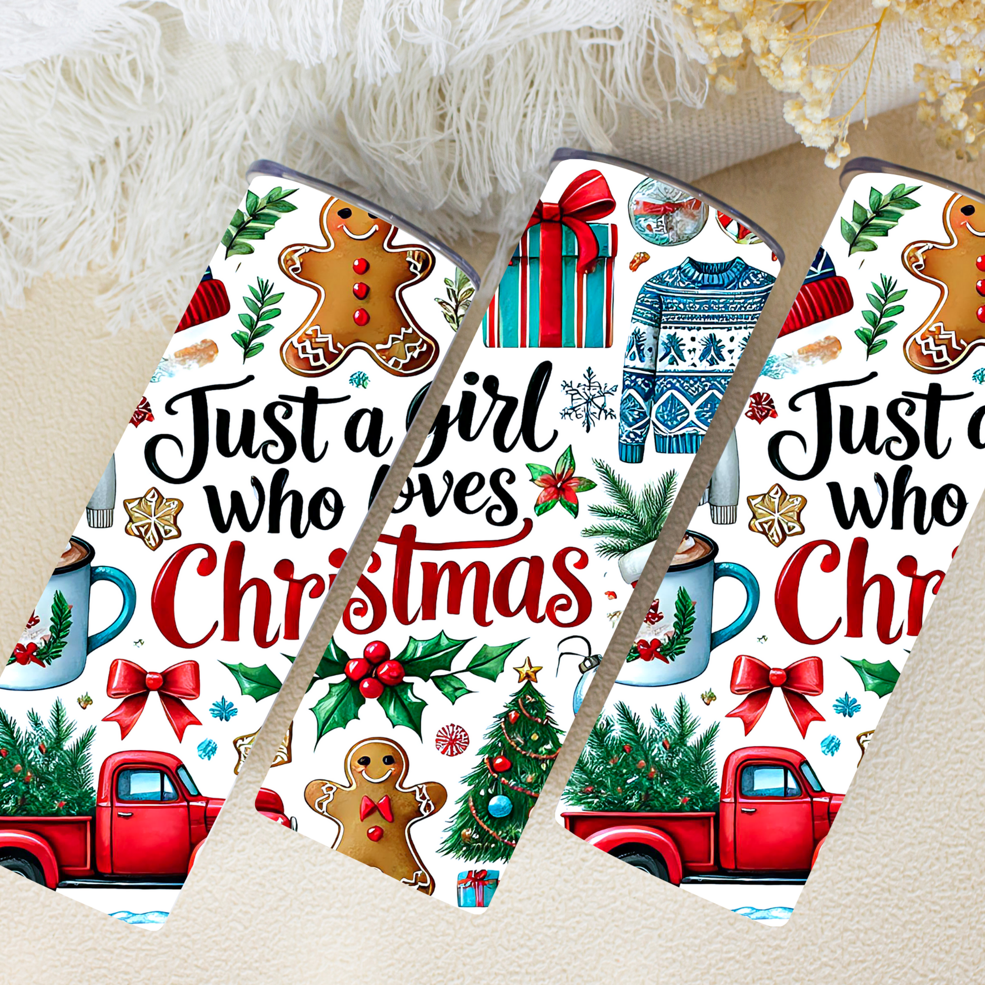 Christmas-themed phone case with gingerbread men, red trucks, and text on a white background.