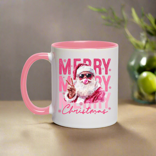 Mug with a design of Santa Claus giving a peace sign and 'Merry Christmas' text on a light gray background.