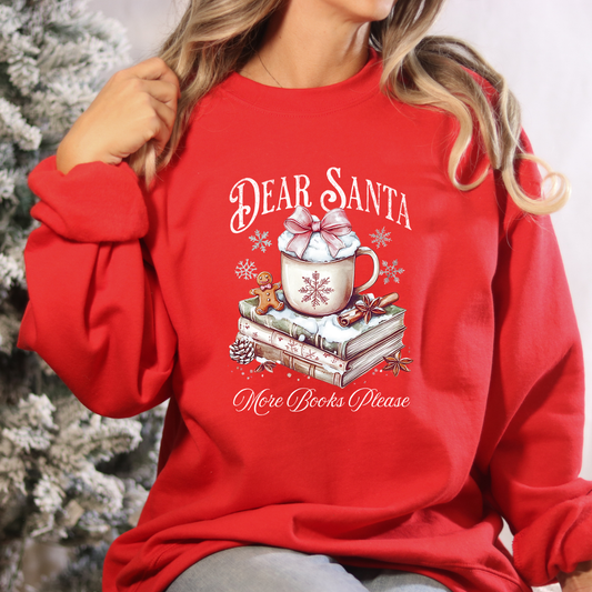 Red sweatshirt with 'Dear Santa, More Books Please' design featuring a mug and books.