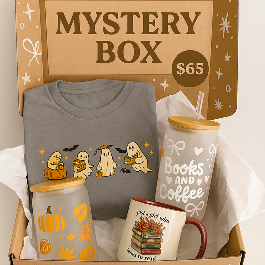 Mystery box with t-shirt, mugs, and a box labeled 'Books and Coffee'.