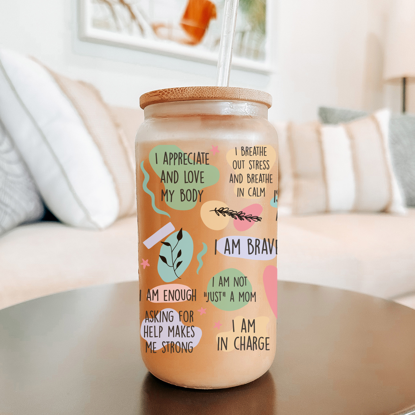 Mom Affirmations Glass Tumbler 16oz with bamboo Lid and Straw