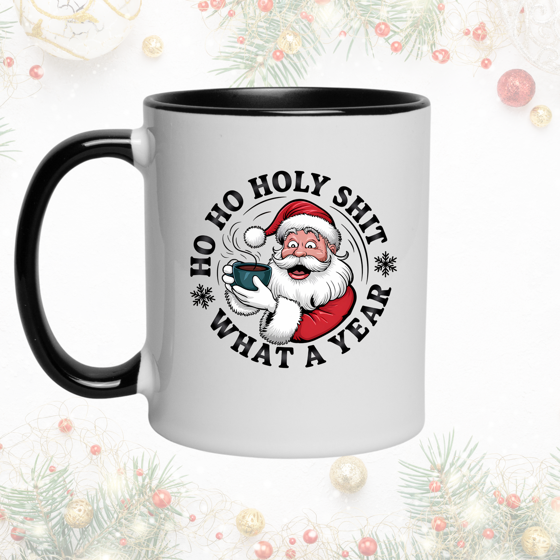 White mug with black interior and handle, featuring a Santa Claus graphic and text, against a festive background.