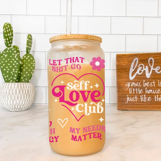Self Love 16oz Glass Can - Motivational and Cute Drinkware comes with bamboo lid and straw