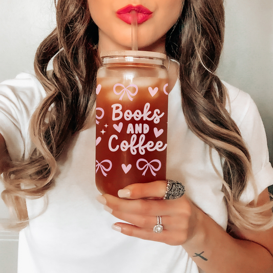 Books and Coffee 16 oz Glass tumbler - Bookish, Cute Glass Can for Book lovers